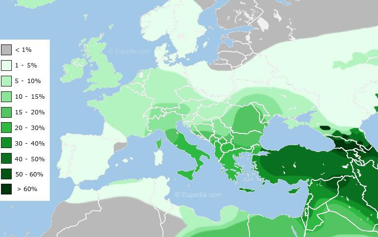 Domieszka zachodnioazjatycka w Europie (ciemniejszy kolor zielony = genetycznie bliższy populacjom zachodnioazjatyckim)