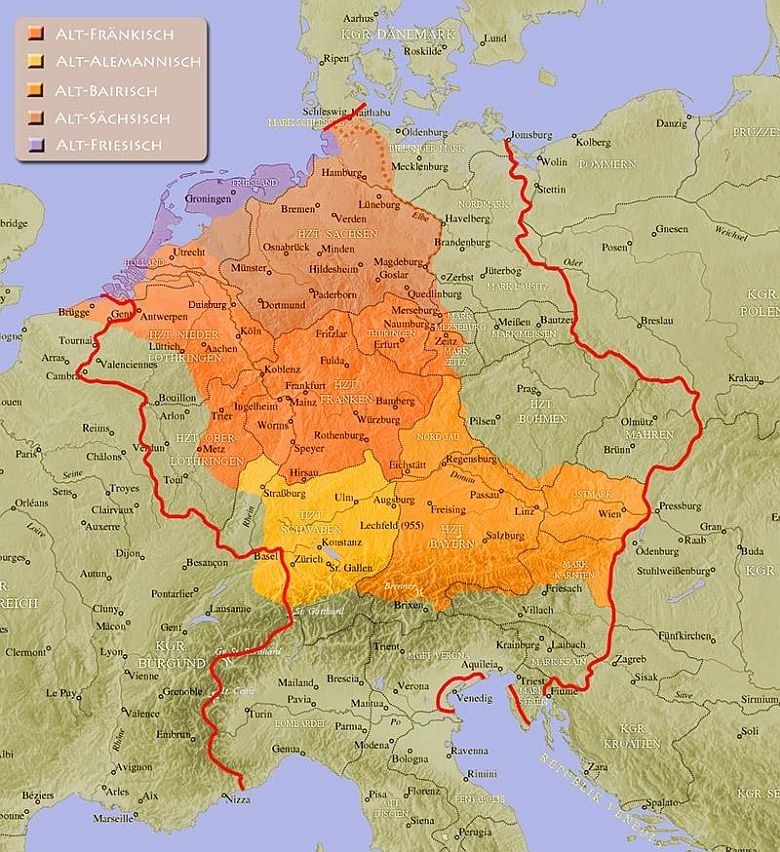 Niemieckojęzyczny obszar Świętego Cesarstwa Rzymskiego około 962 roku n.e.