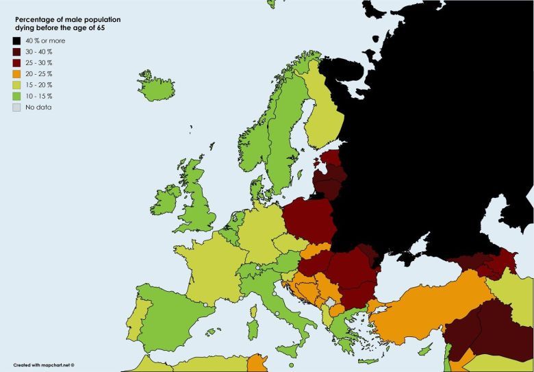 Procent mężczyzn, która nie dożywa 65 roku życia w poszczególnych państwach Europy