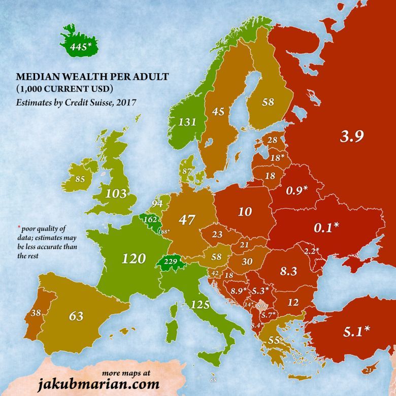 Mediana majątku na osobę dorosłą w 2017 r., Europa, dane Credit Suisse