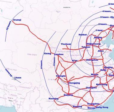 Przewidywana sieć kolei dużych prędkości w Chinach do 2020 r., planowany czas podróży z Pekinu