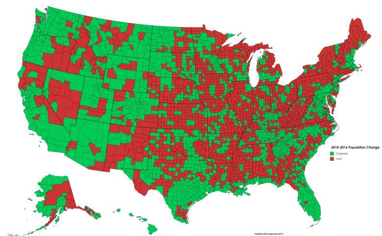 Zmiany w zaludnieniu USA według hrabstw w latach 2010-2016