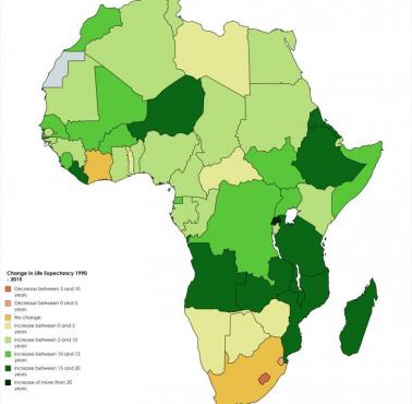 Zmiany w oczekiwanej długości życia w krajach afrykańskich w latach 1990-2015