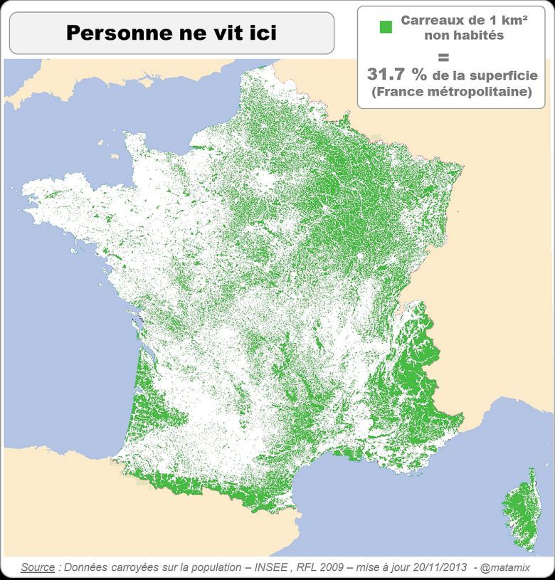 Obszary we Francji, w których w promieniu 1 km nikt nie mieszka