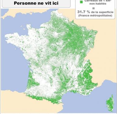 Obszary we Francji, w których w promieniu 1 km nikt nie mieszka