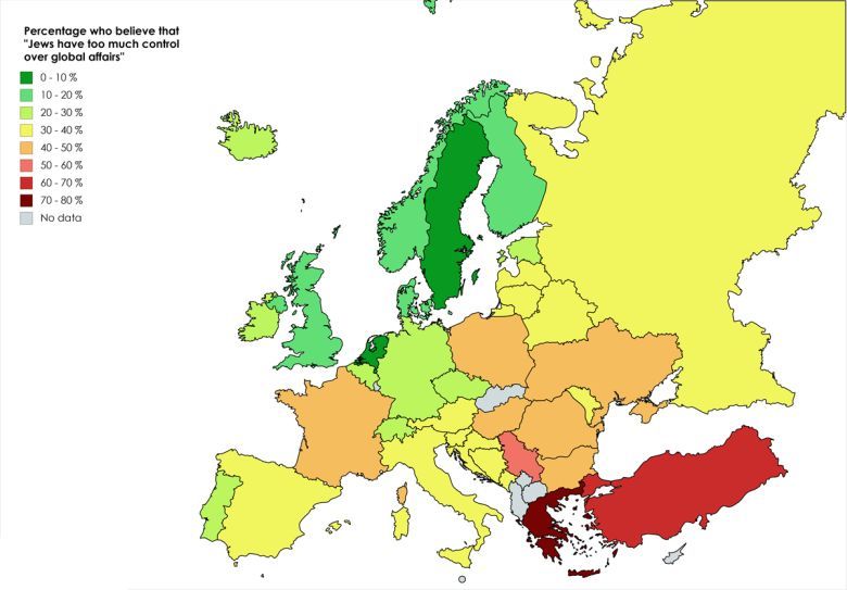 Odsetek Europejczyków, którzy uważają, że Żydzi mają zbyt dużą kontrolę nad sprawami globalnymi