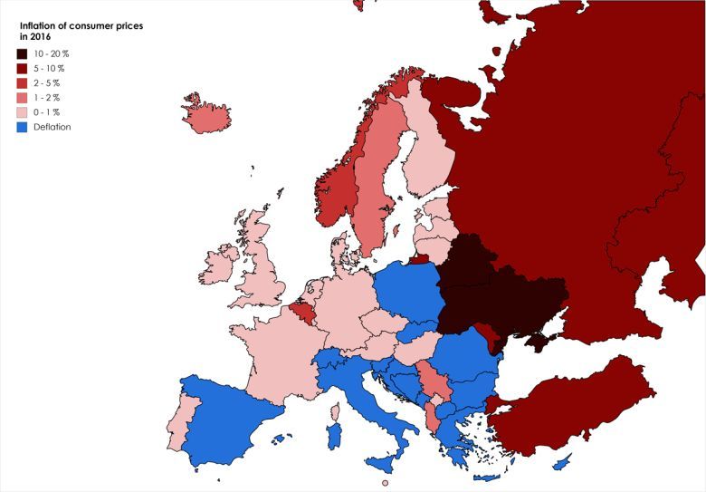 Inflacja w odniesieniu do cen produktów i usług w Europie, 2016