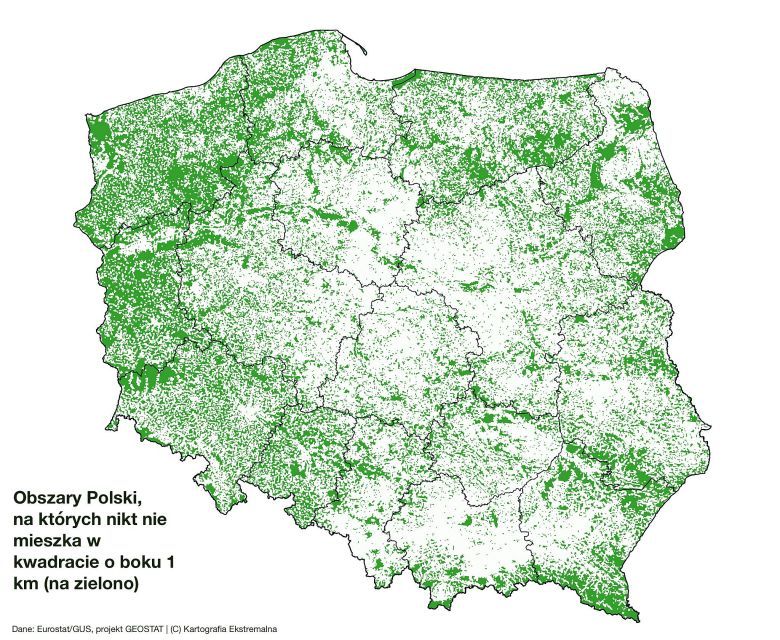 Obszary w Polsce, w których w promieniu 1 km nikt nie mieszka
