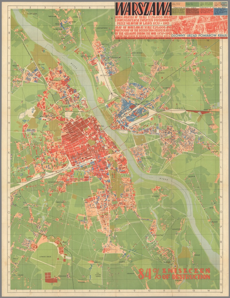 Mapa Warszawy z 1948,1949, na której zaznaczono obszary zniszczeń