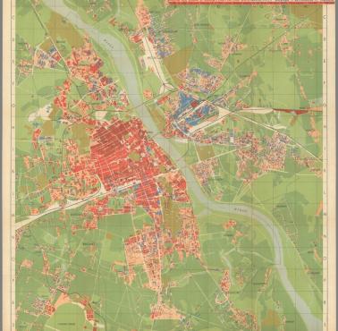 Mapa Warszawy z 1948,1949, na której zaznaczono obszary zniszczeń