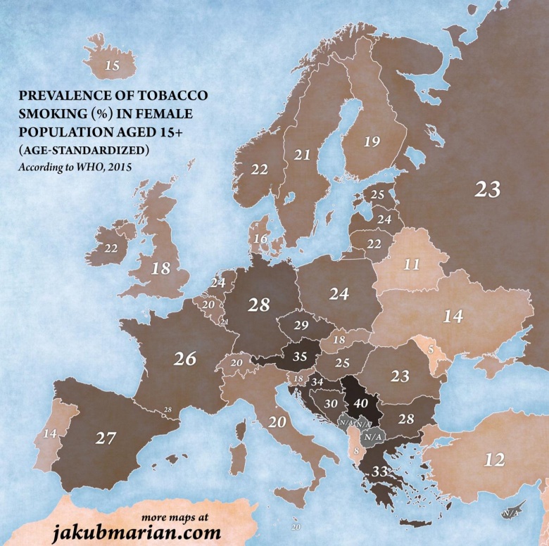 Częstość palenia tytoniu wśród mężczyzn (+15) w Europie, 2015