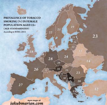 Częstość palenia tytoniu wśród mężczyzn (+15) w Europie, 2015