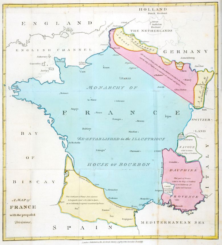 Mapa brytyjska z proponowanym przez Williama Playfaira podziałem Francji po rewolucji 1793 roku