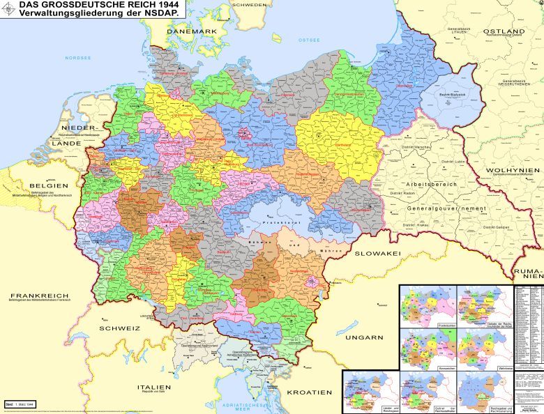Mapa oddziałów administracyjnych III Rzeszy Niemieckiej z 1944 roku