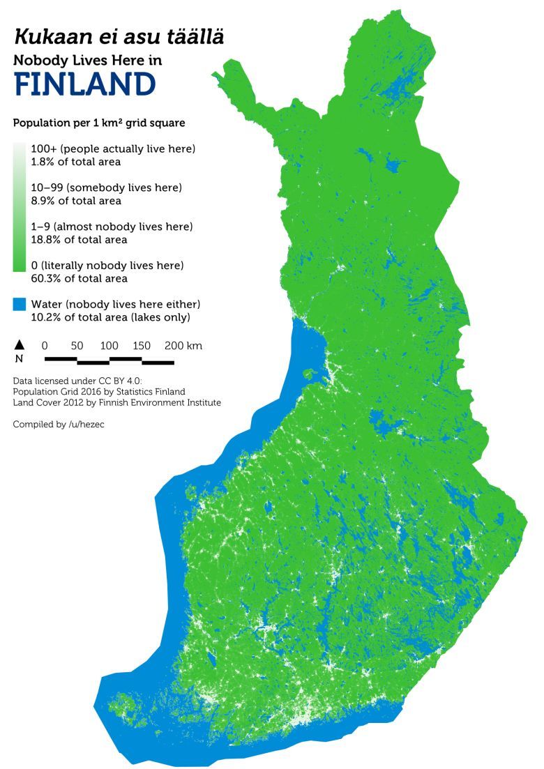 Obszary w Finlandii, w których w promieniu 1 km nikt nie mieszka
