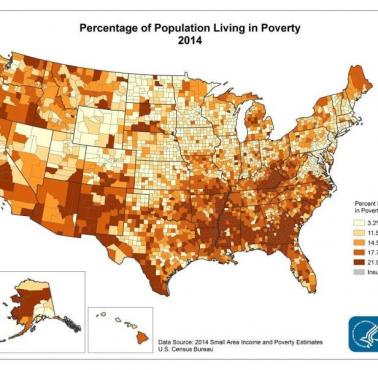Odsetek ludności w Stanach Zjednoczonych żyjącej w ubóstwie, 2014