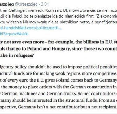Günther Oettinger, niemiecki Komisarz UE mówi otwarcie, że nie można zmniejszyć dotacji dla Polski, bo te pieniądze ....