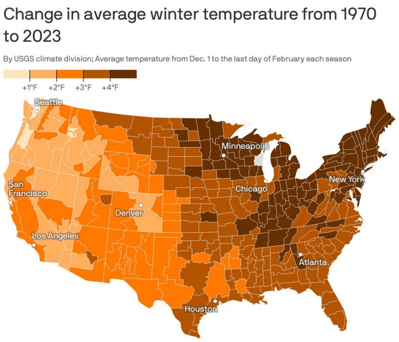Zmiana średniej temperatury zimą w USA w latach 1970-2023