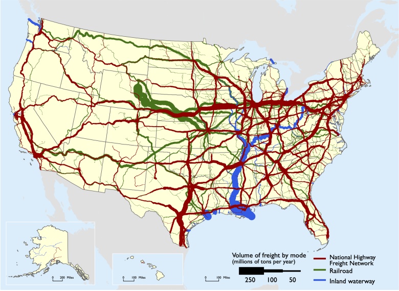 Obrót towarowy, najważniejsze arterie i szlaki transportowe USA (autostrady, linie kolejowe i drogi wodne), 2011- 2012