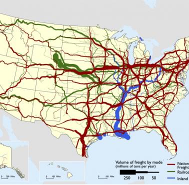 Obrót towarowy, najważniejsze arterie i szlaki transportowe USA (autostrady, linie kolejowe i drogi wodne), 2011- 2012