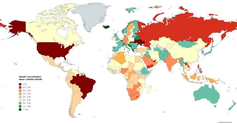 Współczynnik nierówności majątkowych na świecie, koncentracja bogactwa - Mean Wealth x Median Wealth, Credit Suisse, 2021