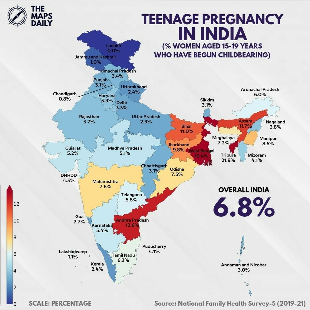 Ciąża nastolatek (15-19) w Indiach, 2019-2021