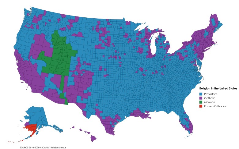 Dominujące religie w hrabstwach USA, 2010-2020