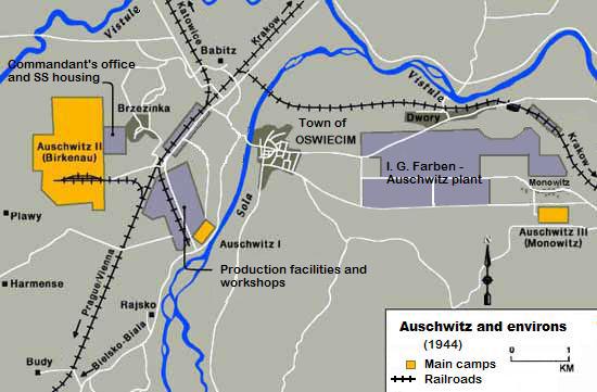 Mapa niemieckiego obozu koncentracyjnego Auschwitz o powierzchni 50-65 kilometrów kwadratowych