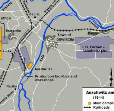 Mapa niemieckiego obozu koncentracyjnego Auschwitz o powierzchni 50-65 kilometrów kwadratowych
