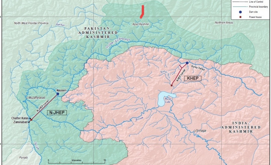 Mapa dorzecza oznaczająca Linię Kontroli między Indiami a Pakistanem