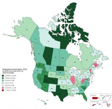 Wzrost populacji Kanady (2011-2016) i USA (2010-2016)