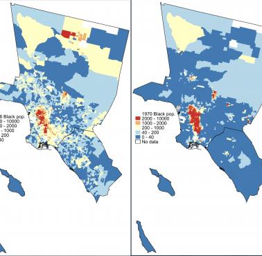 Czarne getta (obszary z dominacją ludności czarnej) w Los Angeles w 1970 i 2016