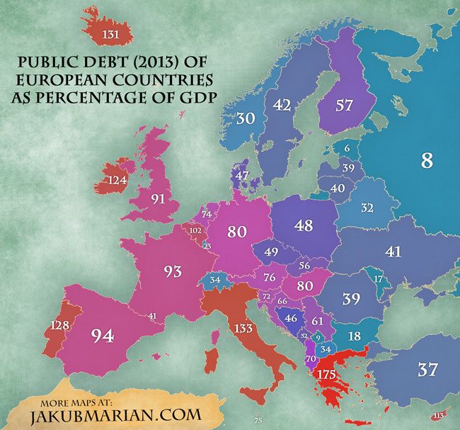 Dług publiczny kraju europejskiego jako procent PKB, 2013