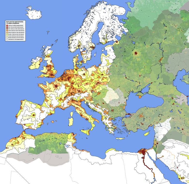 Mapa gęstości zaludnienia Europy, Bliskiego Wschodu i Afryki Północnej, populacja podzielona na 1,5 miliona osób