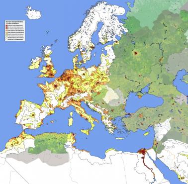 Mapa gęstości zaludnienia Europy, Bliskiego Wschodu i Afryki Północnej, populacja podzielona na 1,5 miliona osób