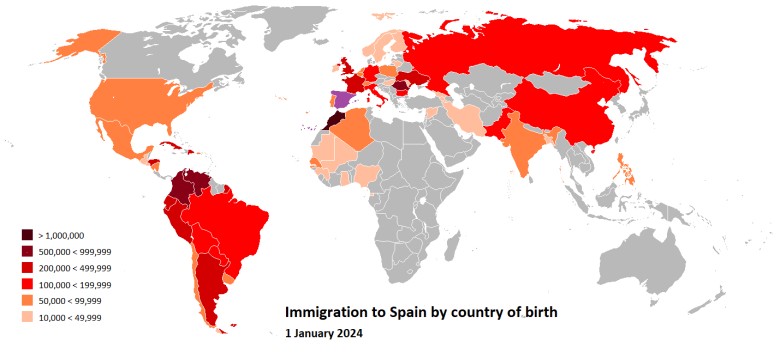 Mapa migrantów w Hiszpanii według krajów, 2024 r.