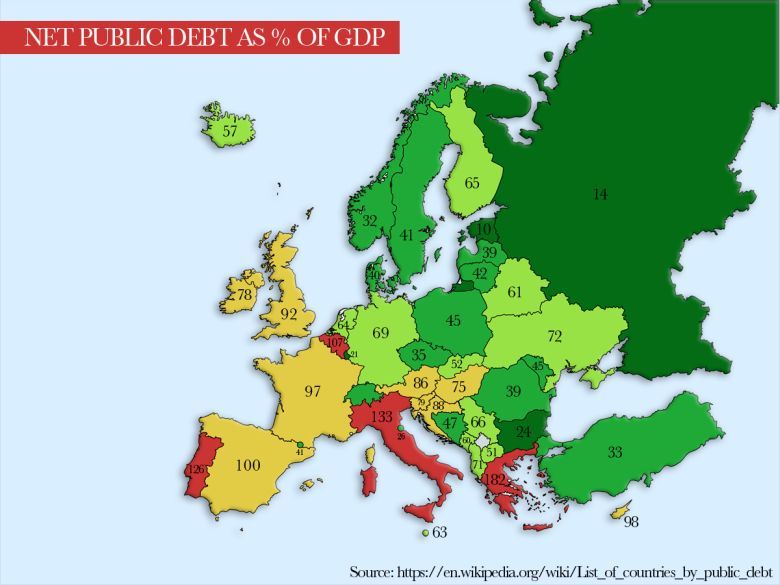 Zadłużenie publiczne krajów europejskich względem PKB w 2016 roku