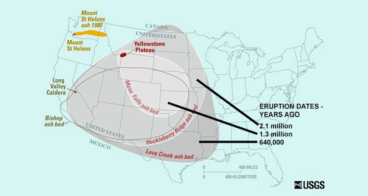 Zasięg trzech ostatnich erupcji superwulkanu Yellowstone