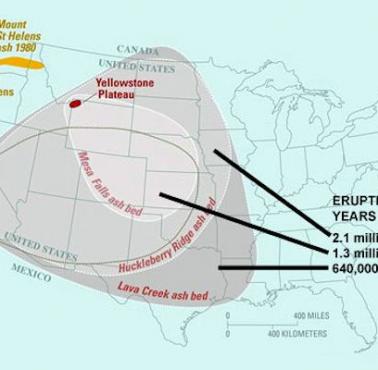 Zasięg trzech ostatnich erupcji superwulkanu Yellowstone