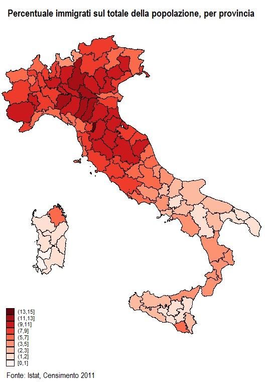 Odsetek imigrantów w poszczególnych prowincjach Włoch