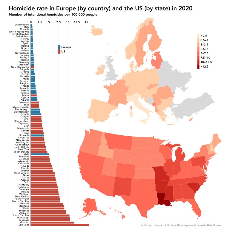 Wskaźnik zabójstw w Europie i USA na 100 tys. mieszkańców, 2020