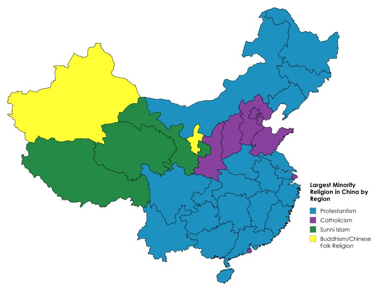 Największa mniejszość religijna według regionów w Chinach
