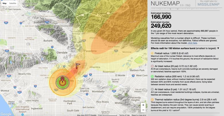 Zasięg i skala zniszczeń w Los Angeles bomby atomowej Korei Północnej (150 kt), Kalifornia, USA