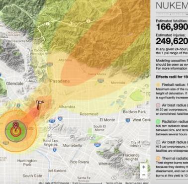 Zasięg i skala zniszczeń w Los Angeles bomby atomowej Korei Północnej (150 kt), Kalifornia, USA