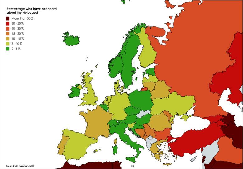 Odsetek mieszkańców poszczególnych państw Europy, którzy nie słyszeli o Holokauście