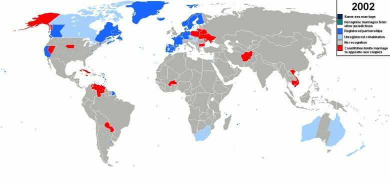 Zmiana prawa na świecie odnośnie związków jednopłciowymi, 1962-2017 (animacja)