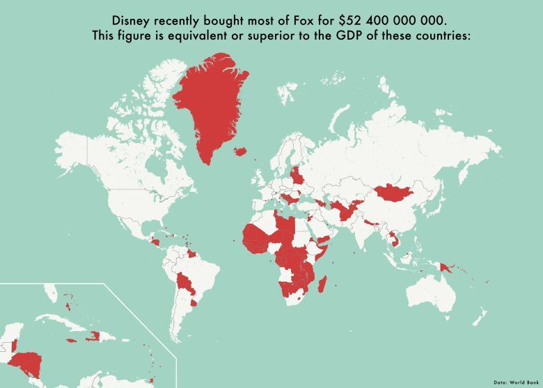 Disney kupił 21st Century Fox za 52 miliardy dolarów, czyli za kwotę większą niż w sumie PKB zaznaczonych na czerwono krajów