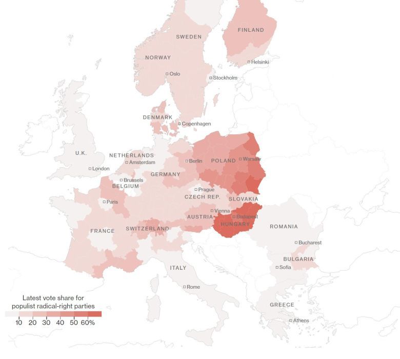 Regiony w poszczególnych krajach EU, w których najwięcej osób głosuje na partie sprzeciwiające się emigracji z państw islamskich