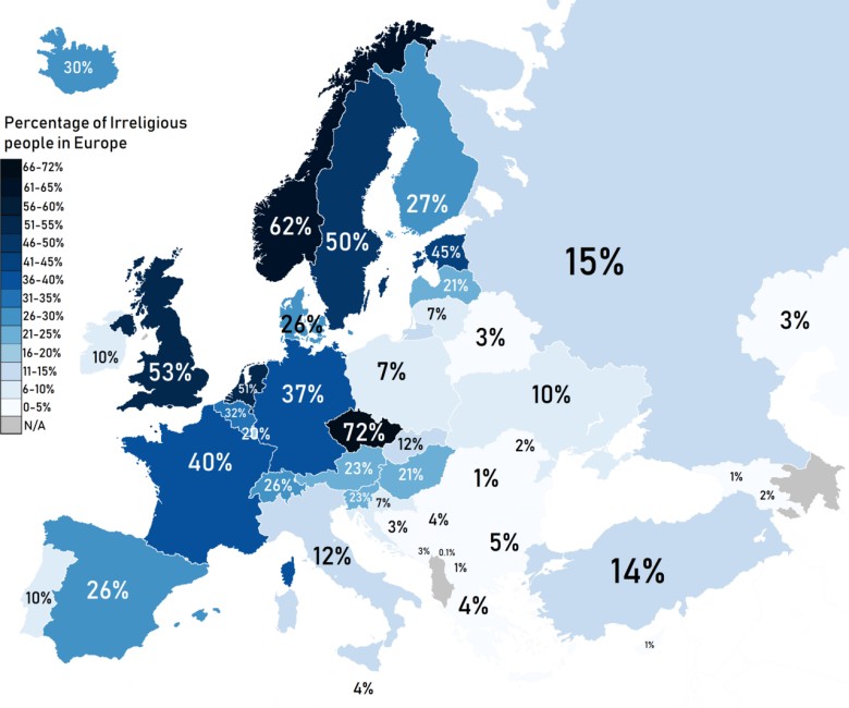 Odsetek osób niereligijnych w Europie, 2019