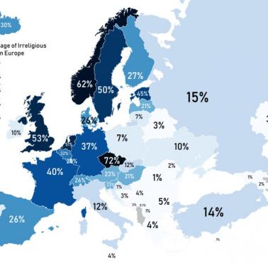 Odsetek osób niereligijnych w Europie, 2019